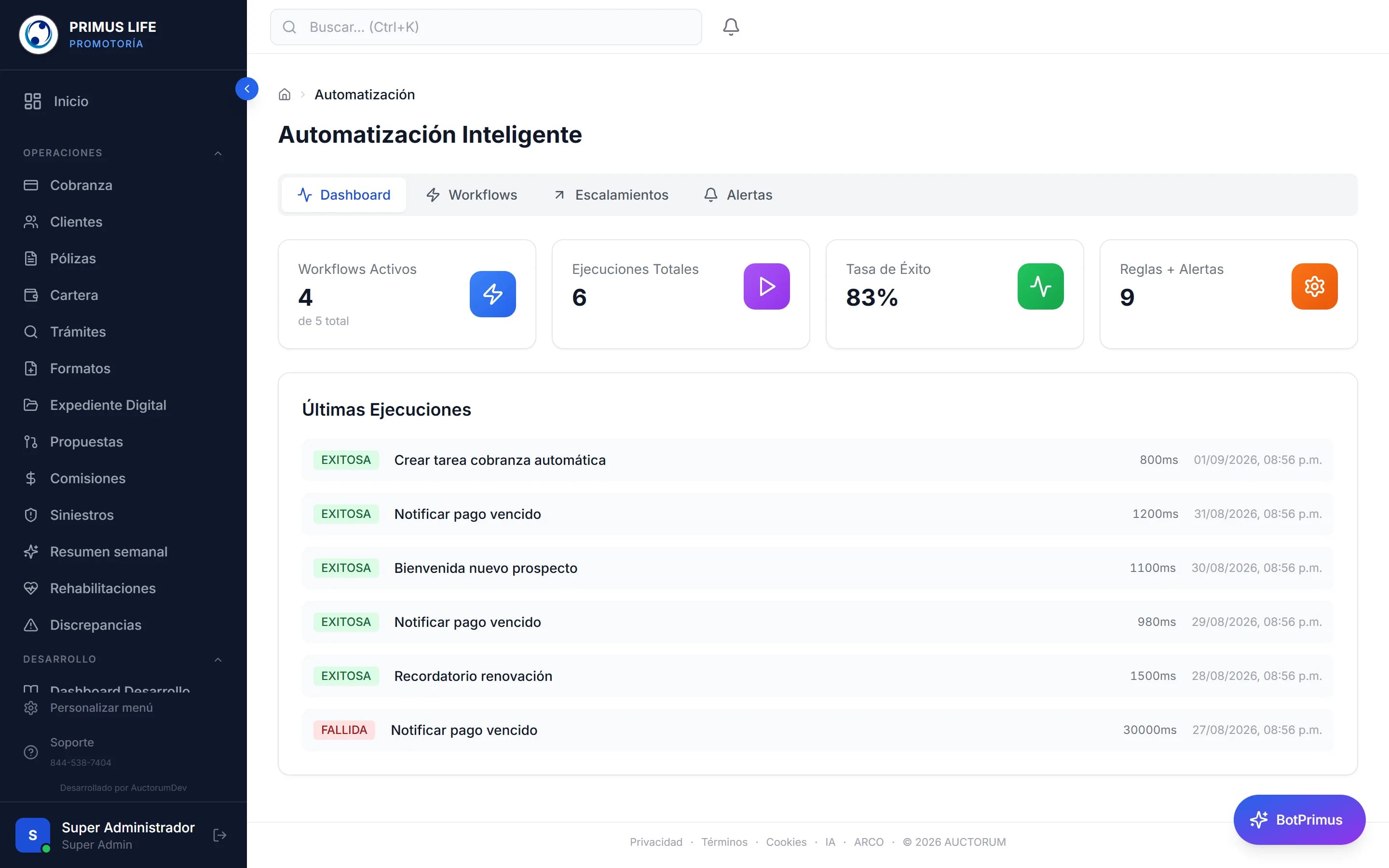 Automatización en Primus: flujos activos y últimas ejecuciones