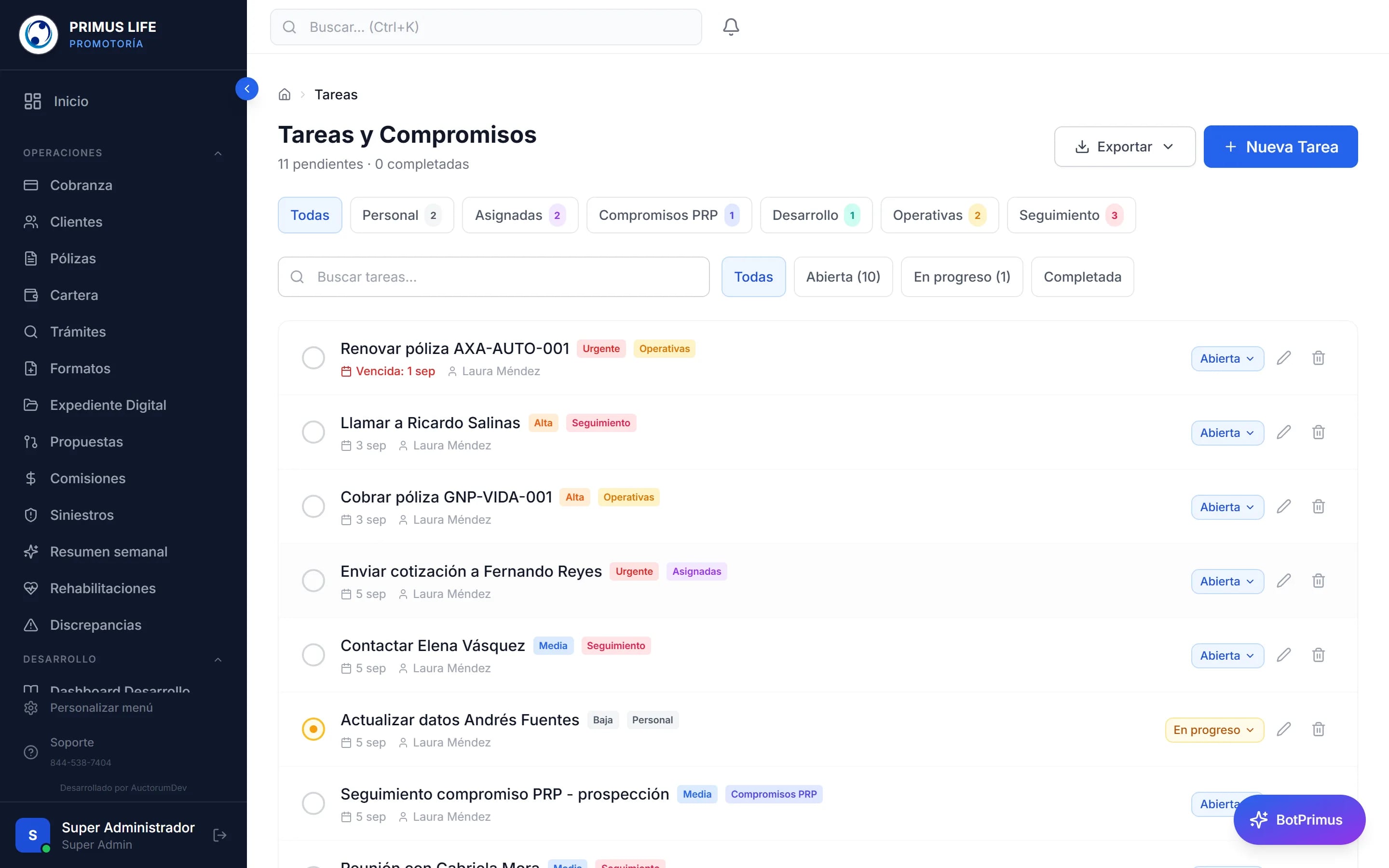 Tareas y compromisos en Primus