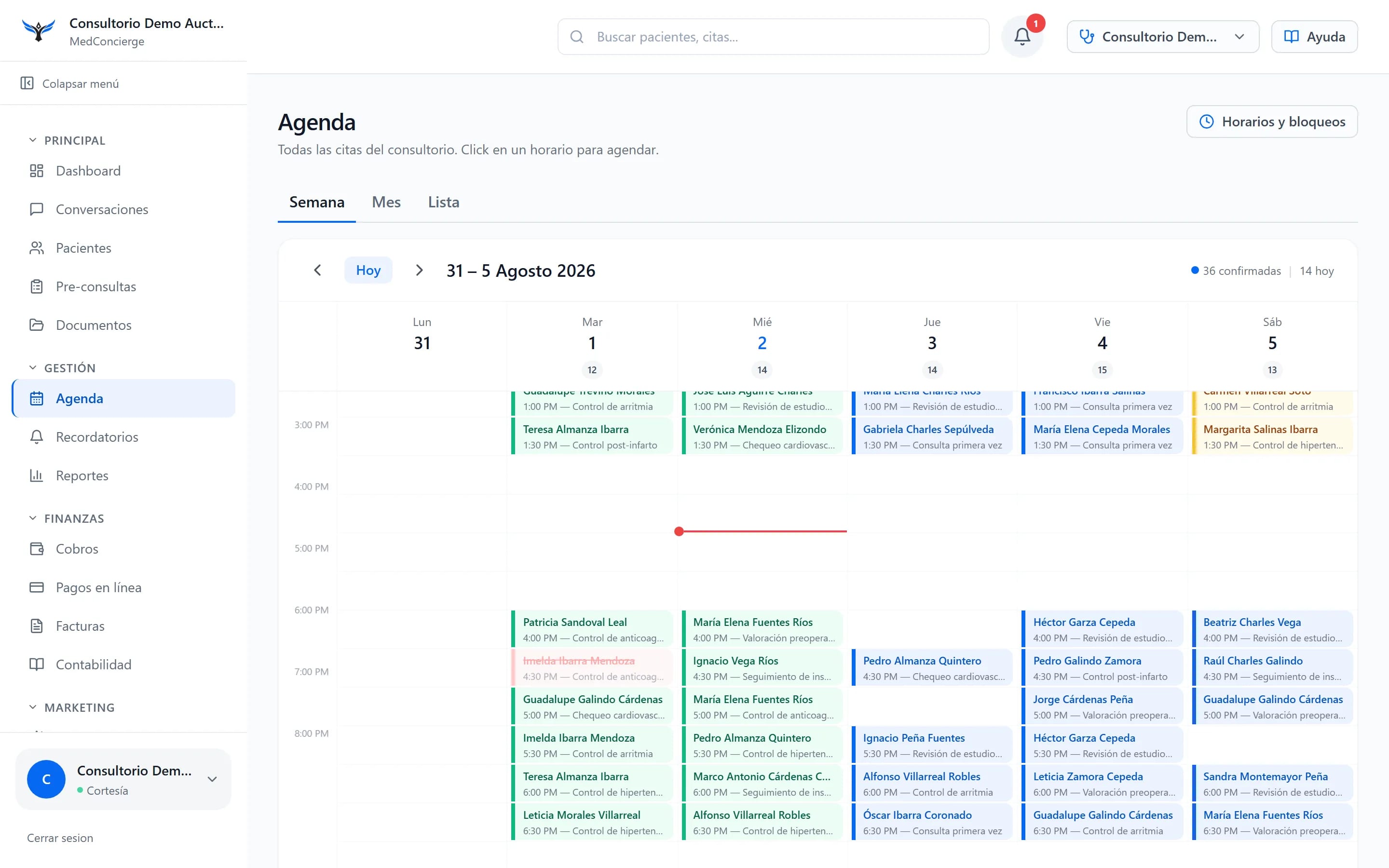 Agenda semanal de un consultorio de demostración en Auctorum Med