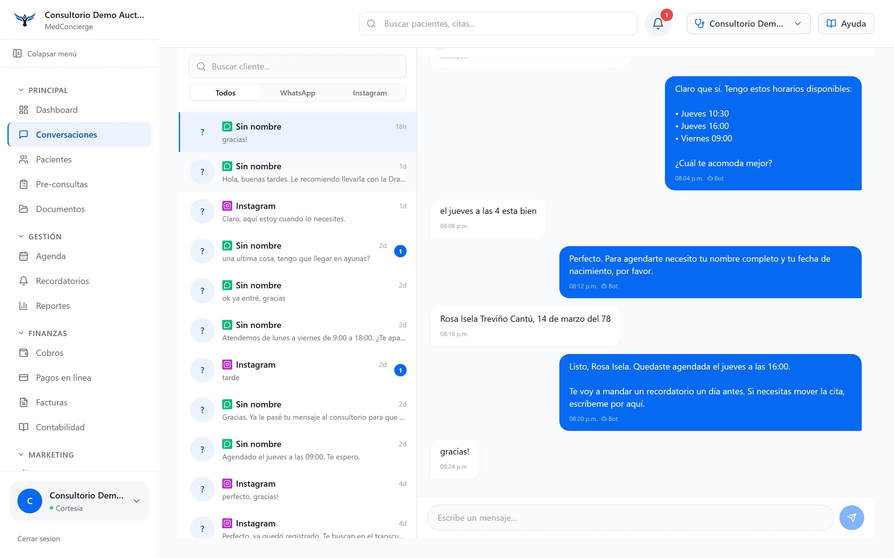 Bandeja de conversaciones de WhatsApp con el recepcionista de IA agendando una cita