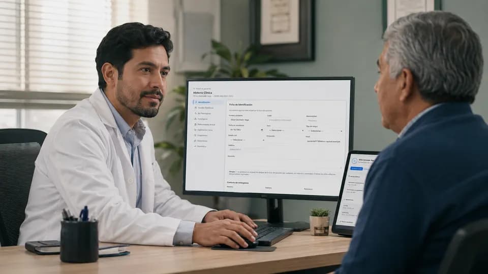 Un médico de bata blanca captura la historia clínica en su monitor mientras un paciente mayor, sentado frente a él, ve su resumen en una tableta