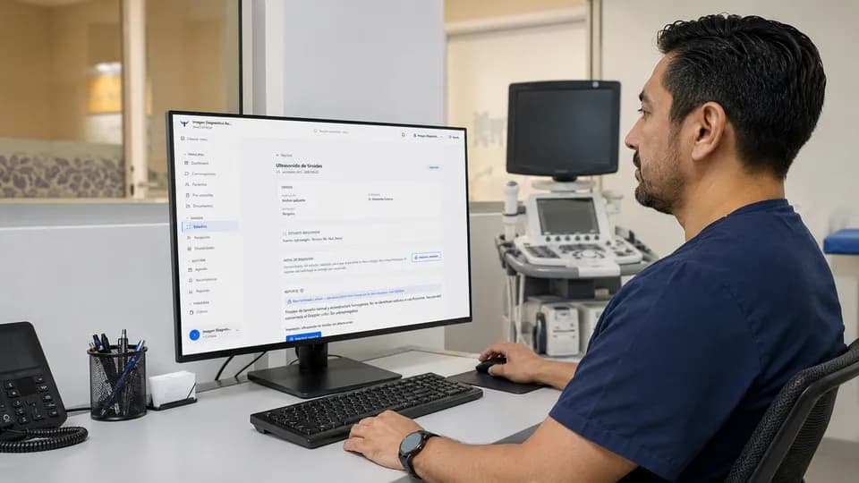 Un radiólogo revisa en su monitor el reporte firmado de un ultrasonido de tiroides, con el equipo de ultrasonido detrás
