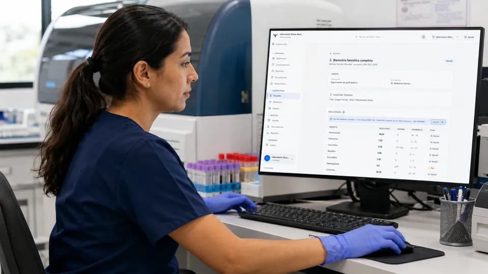 Una técnica de laboratorio con guantes azules revisa en su monitor una biometría hemática completa con resultados, rangos de referencia y banderas, junto a un analizador