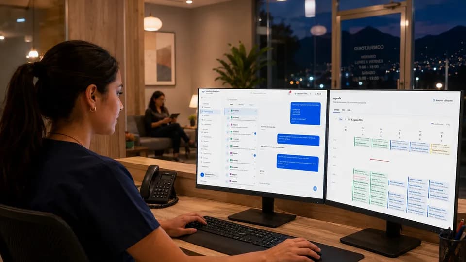 Una recepcionista de noche con dos monitores: a la izquierda la bandeja de conversaciones de WhatsApp, a la derecha la agenda semanal; una paciente espera al fondo